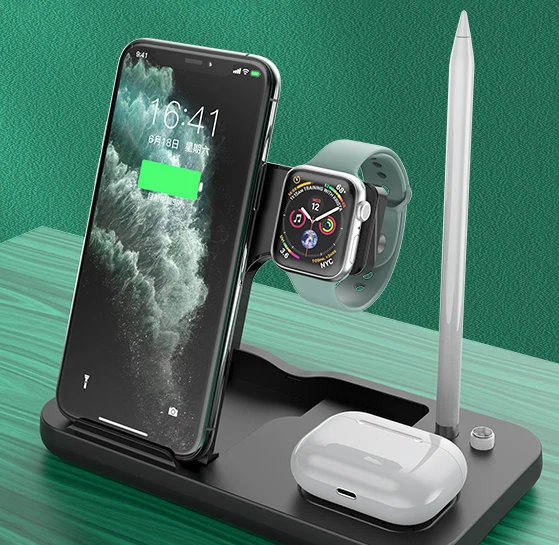 

Fast 15W 4-in-1 Charging Station Charger Wireless Foldable Charging Dock Cell Phone Holder, Black white