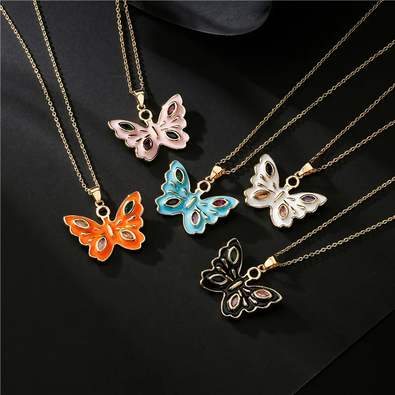 

Enamel Gold Butterfly Necklace African Arab Middle Eastern Wedding CZ Charm Dripping Oil Pendant Butterfly Necklaces Jewelry