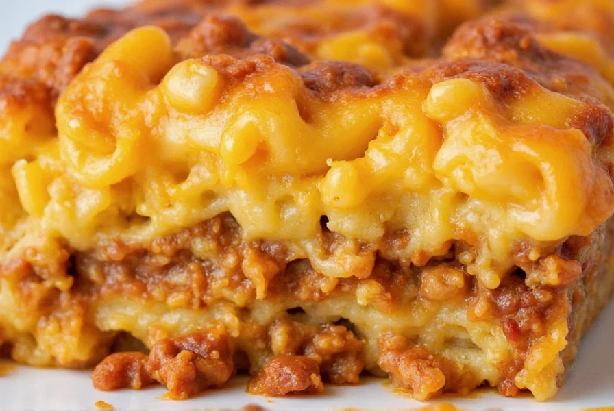 Close-up of mac and cheese chili cross-section showing distinct layers of pasta, cheese sauce, and chili