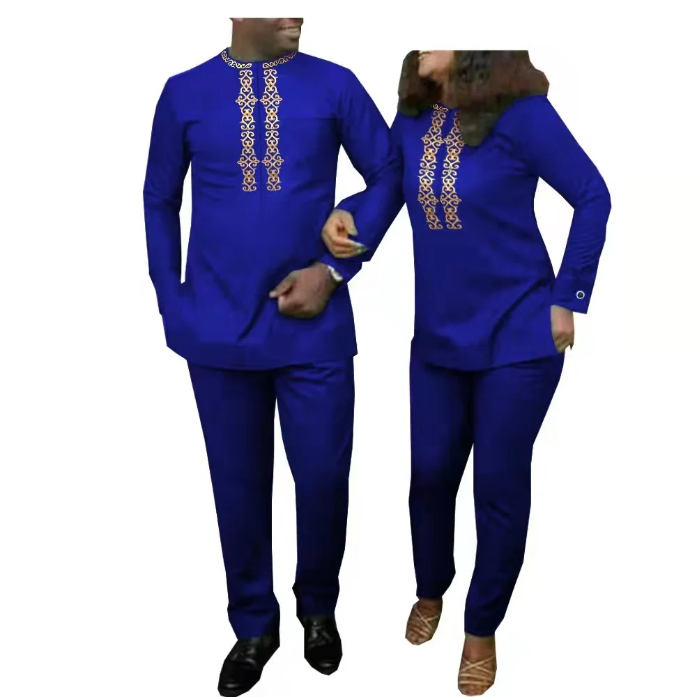 

African Clothes for Couples Women Wax Hot Gold Applique Tee Top and Pants Sets Matching Bazin Men 2 Pieces Suit Outfits New Year