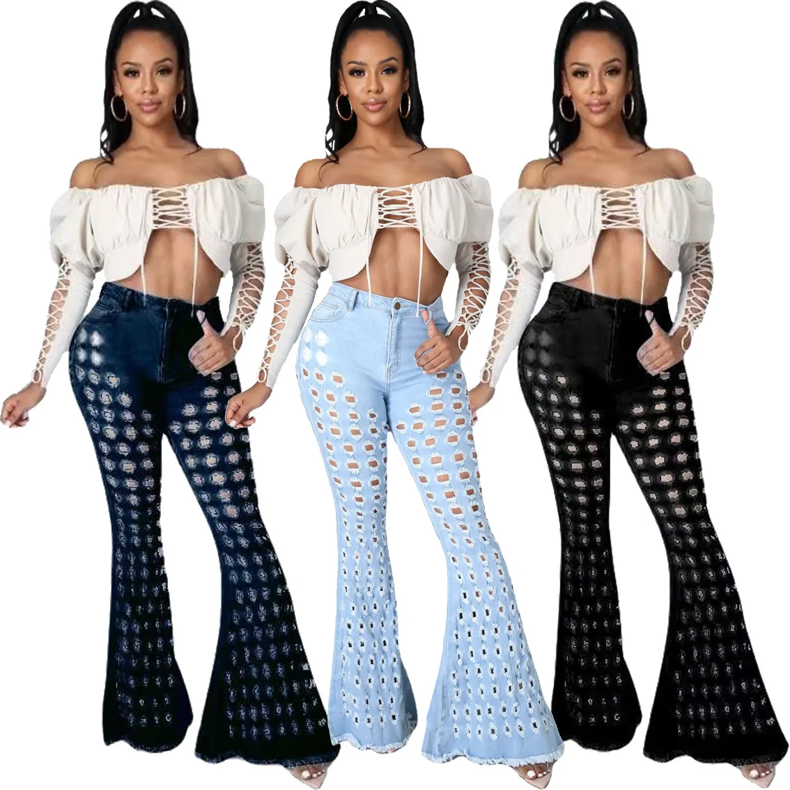 

LA3273 2021 new arrival blue washed sanded sexy stretch flared ripped pants women, 3 color