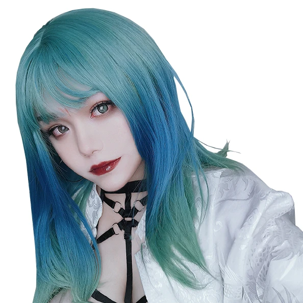 

Mint Green Gradient Middle Length Bionic Mid-stage Dyeing Process Straight Synthetic Hair Lolita Japanese Cosplay Party Wigs, Pic showed