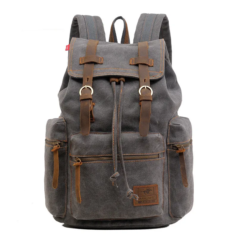 

New Fashion Travelling Hiking Rucksack Bagpack Genuine Leather With Vintage Bag Canvas Custom Drawstring Bags Backpack, Black,blue,brown,coffee,army green,grey