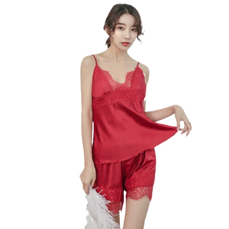 

2021 Hot Sale Womens Lace Pajama Lingerie Sexy Sleepwear Lightweight Cool Silk Pajamas, Black, pink, white, date red, green