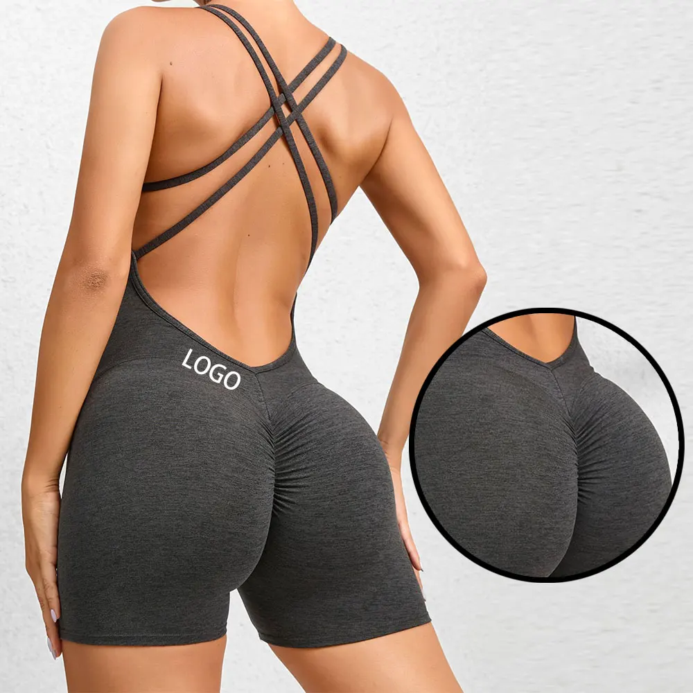 

2023 Custom New Sexy Fitness Workout Plus Size One Piece Scrunch Bodycon Rompers Women Yoga Jumpsuit