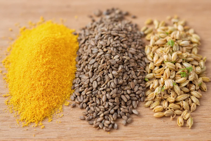 Close-up comparison of coriander seeds, cumin, caraway, and fennel seeds on wooden background