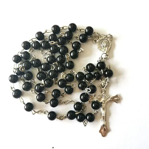 

KOMI 6MM Men Women Handmade Curved Needle Holy Soil Religious Jewelry Glass Beads Rosary Cross Necklace