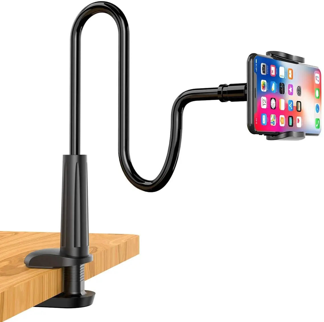 

Cell Phone Clip Stand Holder with Grip Flexible Long Arm Gooseneck Bracket Mount Clamp for Phone for iPad for bed, desktop, Black,white