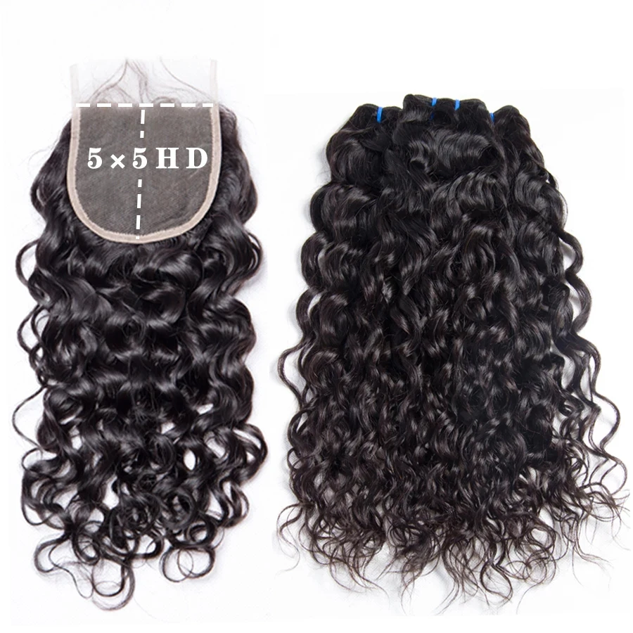 

40 Inch Brazilain Hair Bundles Water Wave Bundles With 5x5 HD Transprant Lace Clsoure Remy Deep Curly Wave Bundles With Clsorue