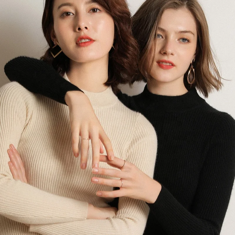 

2021 New Fashion Solid Color Long Sleeve Knitted Tops Plus Size Thick Half Turtleneck Soft Casual Women Sweater Pullover