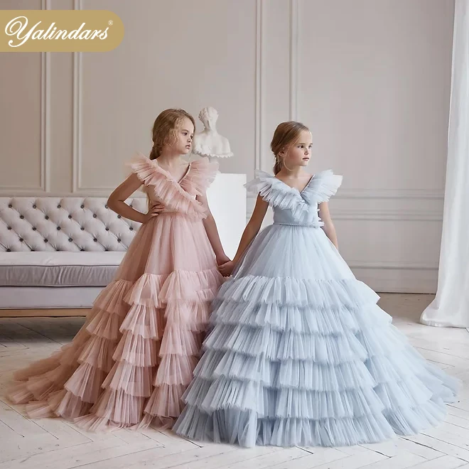 

American Boutique 2022 new super fairy v-neck princess wedding party tulle girl flower dresses for Kids, White