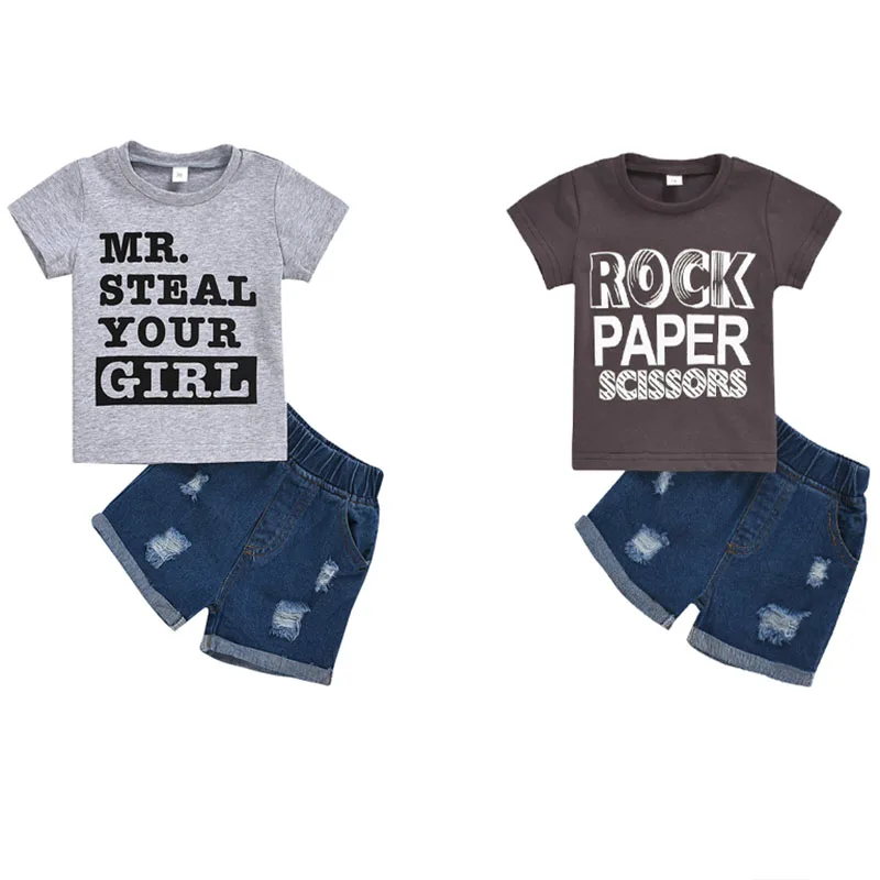 

Wholesale short sleeve letters short sleeve top denim shorts boys clothing set, As picture show