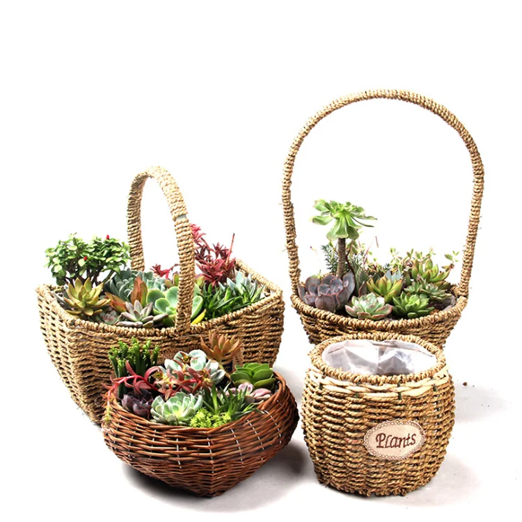 

AAA351 Portable Home Decor Wicker Storage Succulent Pot Handmade Decoration Plant Container Straw Flower Basket