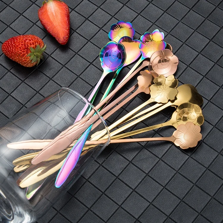 

Cute Flowers Heart Shape Coffee Spoon Stainless Steel Long Handle Ice Cream Tea Stirring Spoons Kitchen Barware Drinking Tool, Silver, gold ,rose gold , black,rainbow