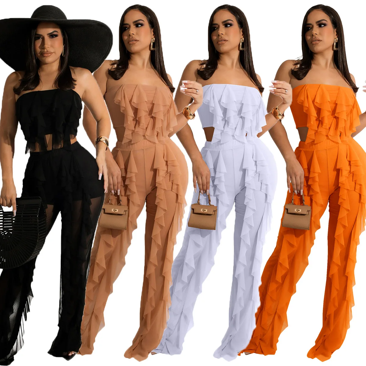 

C0301TA12 Fashion Design Sexy Strapless Vest Sheer Mesh Ruffled Two Piece Pants Set Women