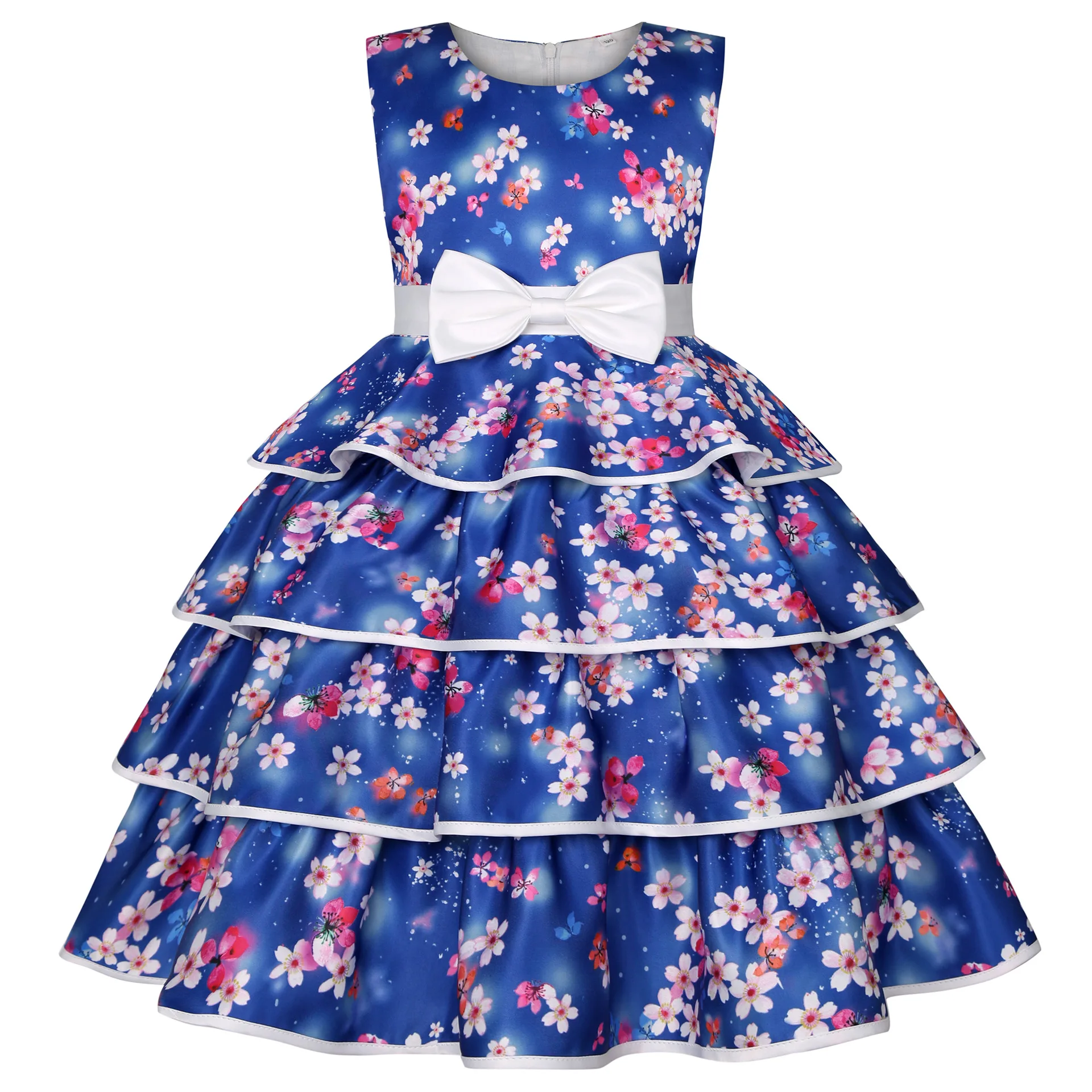 

BLQ2037 2021 new multi layer printed girls party dress sleeveless bow Princess Birthday Dress 2 to 9 years old