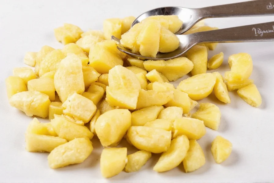 Fresh ginger root sliced with measuring spoons showing 1 gram portion for health benefits