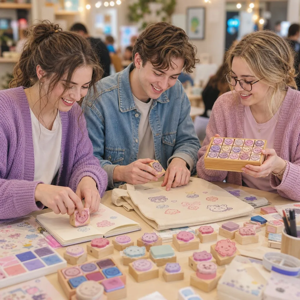 Three young Caucasian adults enjoying creative stamping session at workshop table with kawaii stamps journals and tote bags