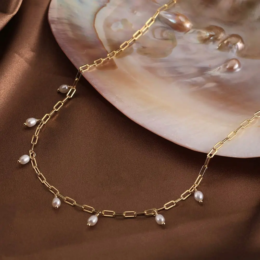 RINNTIN GPN51 New Arrival Valentine Gift Vintage Jewelry Satellite Freshwater Pearl Charm PaperClip Chain Necklace for Women