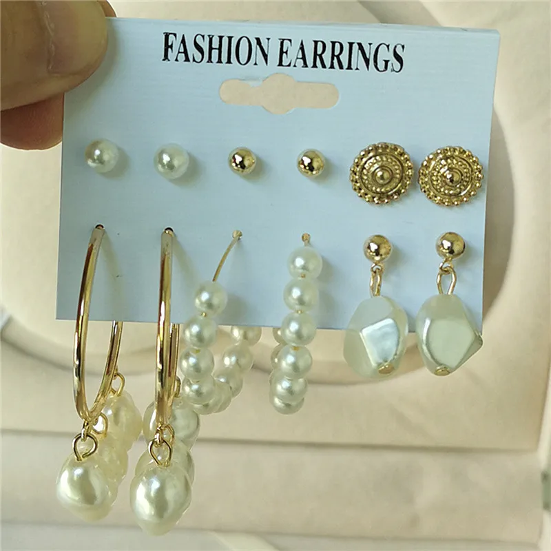 

Pearl Hoop Earrings Set Ladies Square Heart Earrings Fashion 6 Pair/Set Pearl Stud Earring Gift Set