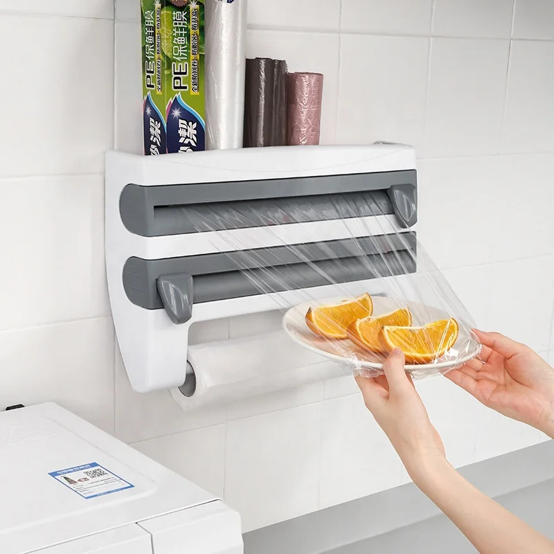 

Kitchen Wall Mounted 4-in-1 Plastic Spice Storage Rack Paper Towel Holder Wrap Dispenser Foil Cling Film Slide Cutter