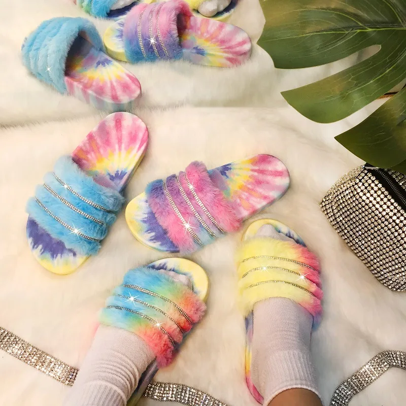 

Most Popular Colorful Tie Dye Fur Slippers Fashion Non Slip Rhinestone Flat Slides Shoes For Girls