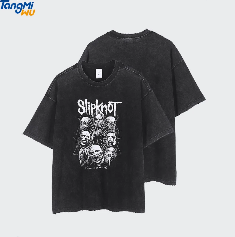 

New product summer 250g fashion black washed retro cotton loose vintage band skull tshirt men