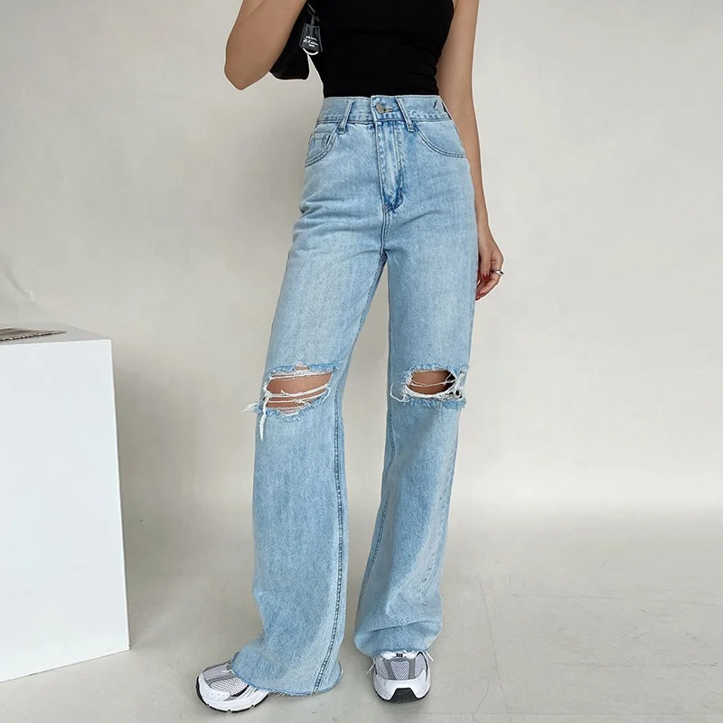 

Female Y2K CHIC Casual Straight Jean Baggy Pants INS Fashion High Waist Wide Leg Loose Cotton Denim Trousers Ripped Jeans Women