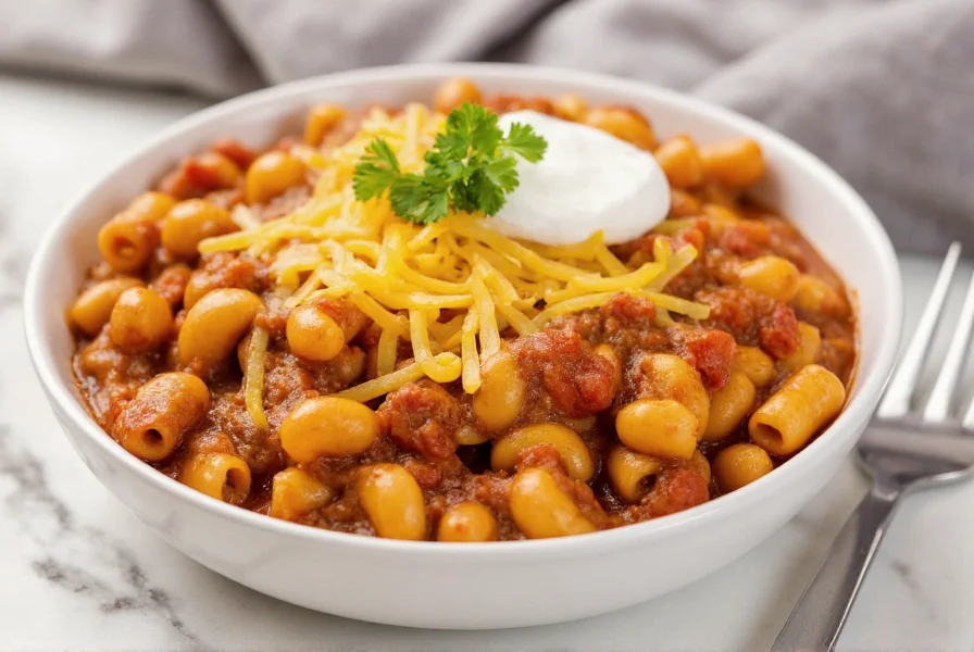 Finished one pot chili mac served in white bowl with cheese pull, garnished with fresh parsley and sour cream