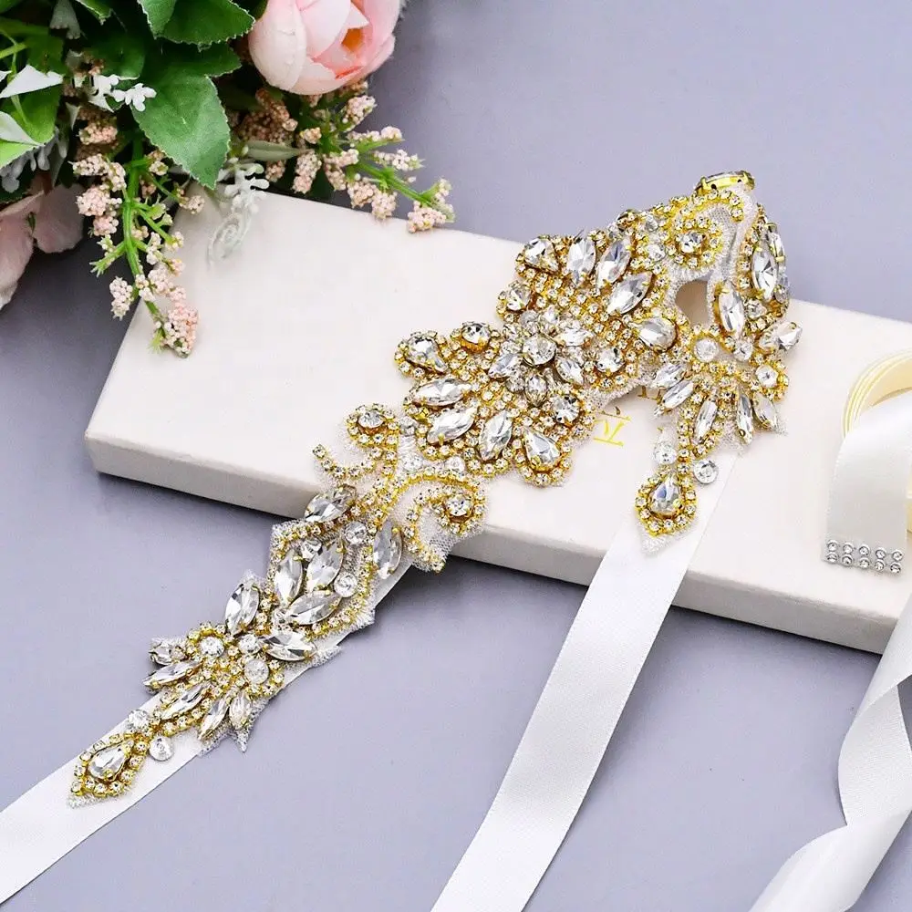 

Cheerfeel RH-1151 fashion iron on wedding sash belt applique bridal rhinestone applique, Silver with blue crystal