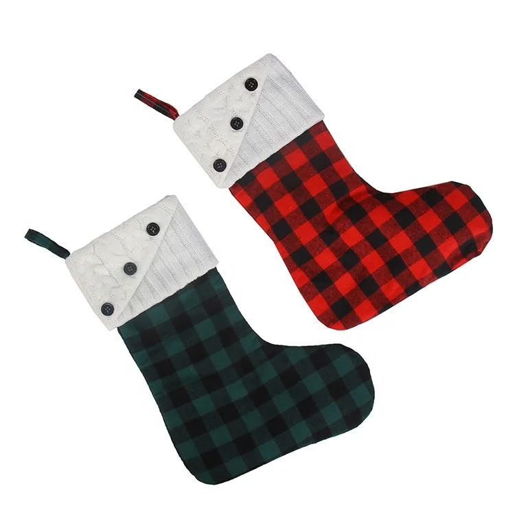 

Wholesale Fashion Cute Large Christmas Gift Hanging Stockings Plaid Christmas Socks with Button, 2 colors