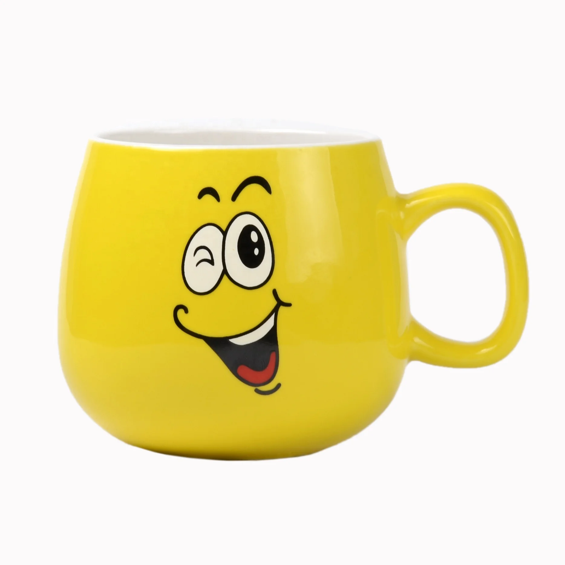 

Factory direct sell cheap price low MOQ glazed yellow ceramic porcelain drinking water mug cup with smile face