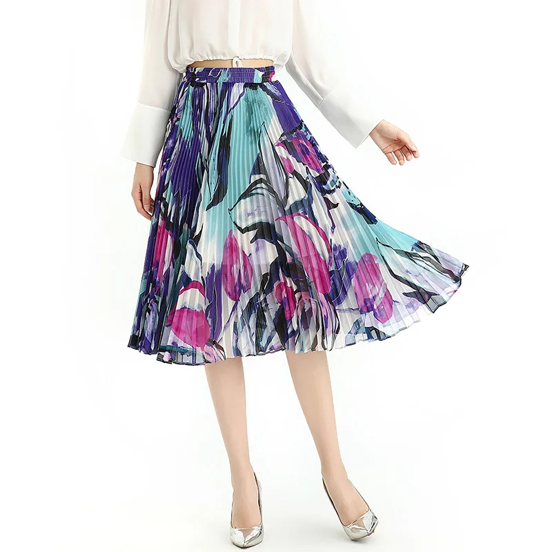 

S076-2 Summer Fall High Quality Fashion New Elegan Print Chiffon Sunray Pleat Casual Girls Women Skirts