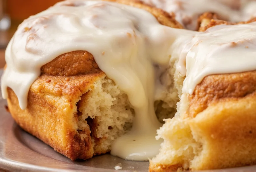 Close-up of golden-brown Rhodes cinnamon rolls with heavy cream showing gooey center and cream cheese frosting