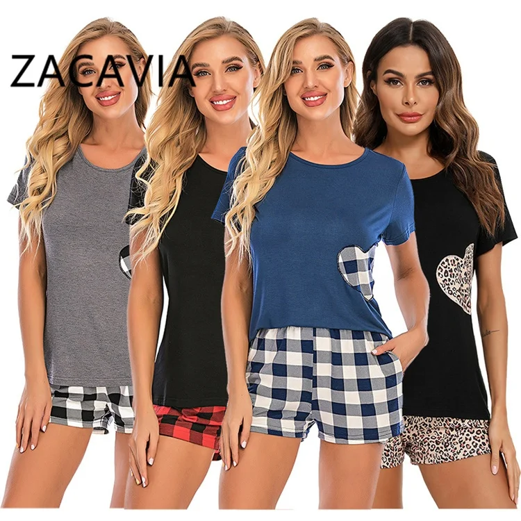 

ZACAVIA 2021 Summer Casual Ladies Pajamas Fashion Plaid Love Round Neck Pajamas Short-sleeved Two-piece Pajamas, Photo color