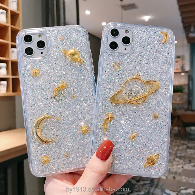 

High quality 3d unique planet moon phone case epoxy glitter bling shockproof clear tpu back cover for Iphone 11/12 pro max 6 7 8