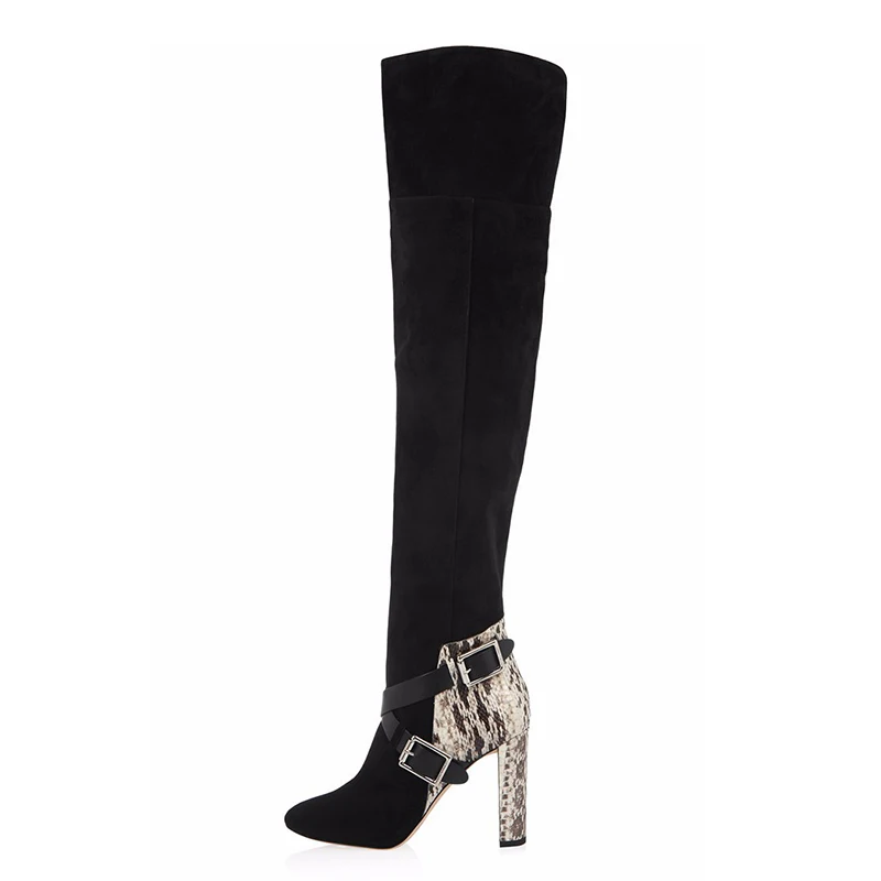 2019 Tailingjia Winter Women's Black Suede Snake Print Chunky Heel Over the Knee High Heel Long Boots