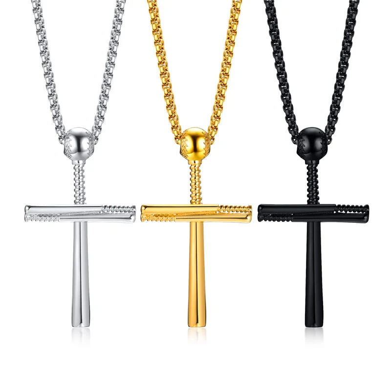 

Hiphop 18K Gold Black Plated Stainless Steel Baseball Aficionado Memorial Urn Jewelry Baseball Bat Cross Pendant Necklace for Me