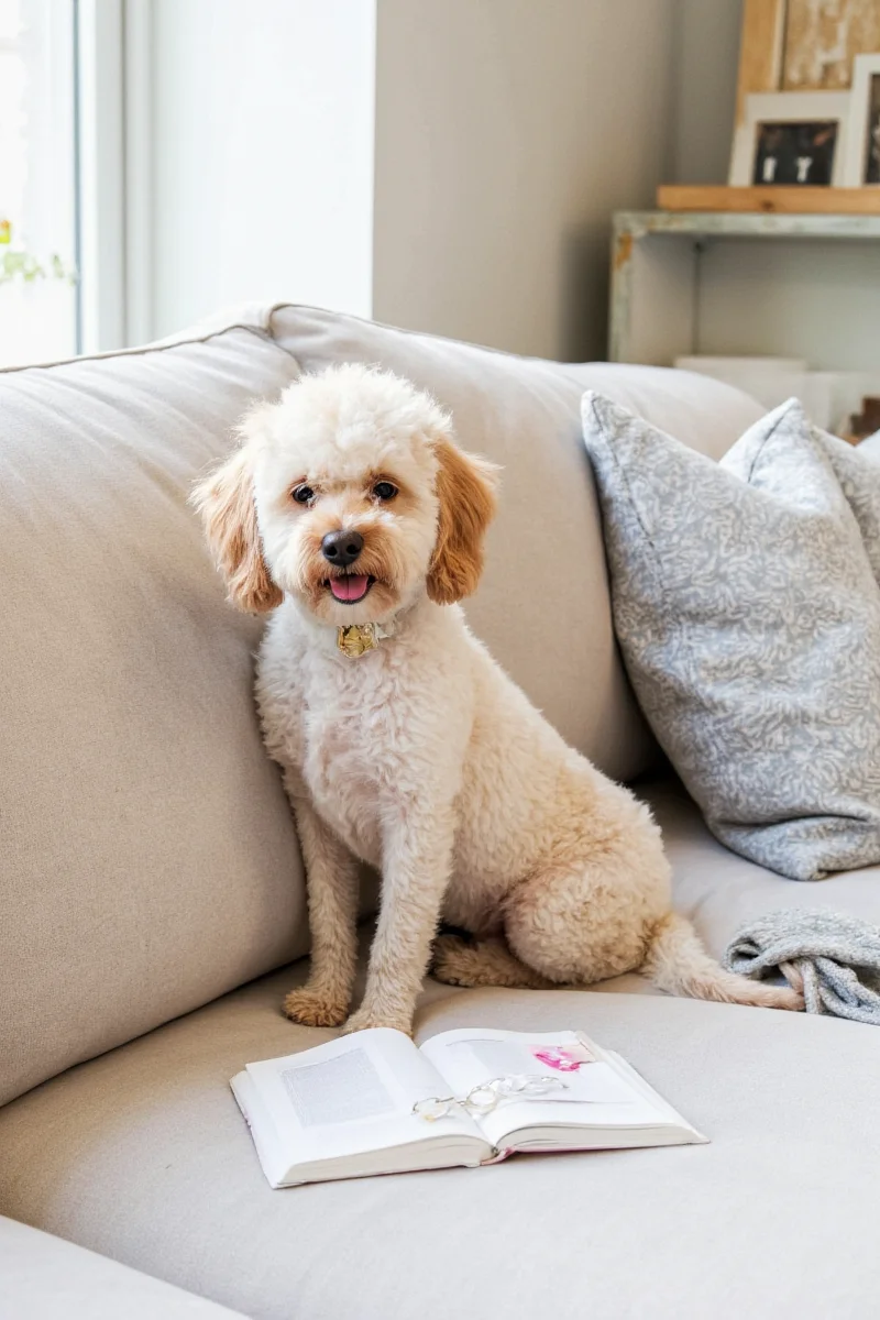 A corner of a bedroom with a plush dog bed, a side table with treats, and a small water dispenser.