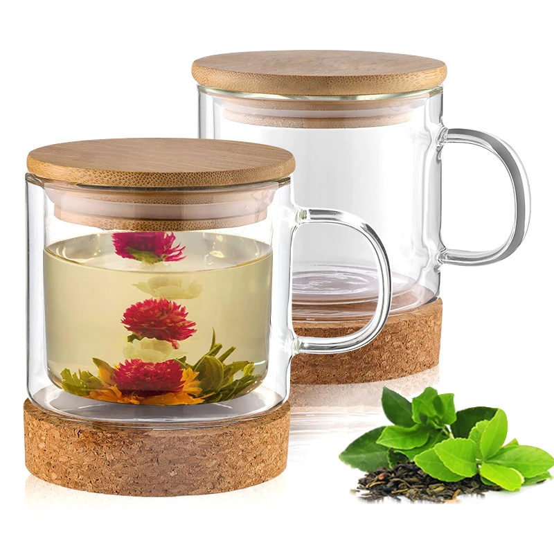 

Glass Mug Tea Cup Double Wall Heatproof Insulated Glass with Bamboo Cups & Saucers High Borosilicate Glass Customize Cups