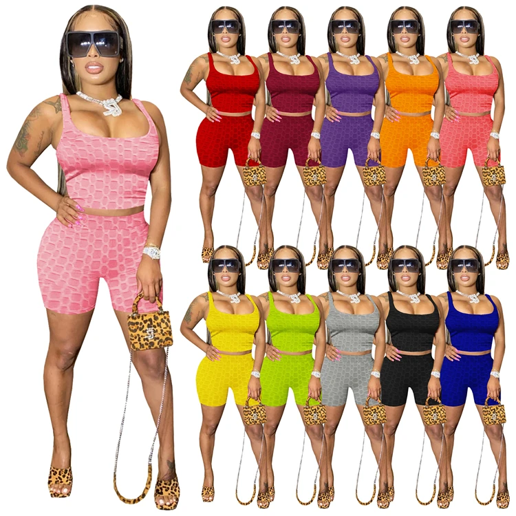 

2021 Ladies Yoga Tracksuit Tank Top Shorts Stretchy Fitness Women Two Piece Set, Picture shown