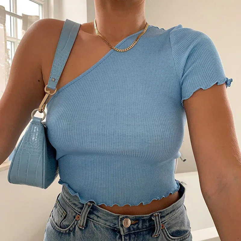 

2021 New Trendy Sexy One Shoulder Slash Neck Short Sleeve T-Shirt Women Clothing Casual Summer Solid Color Ribbed Crop Top, White blue