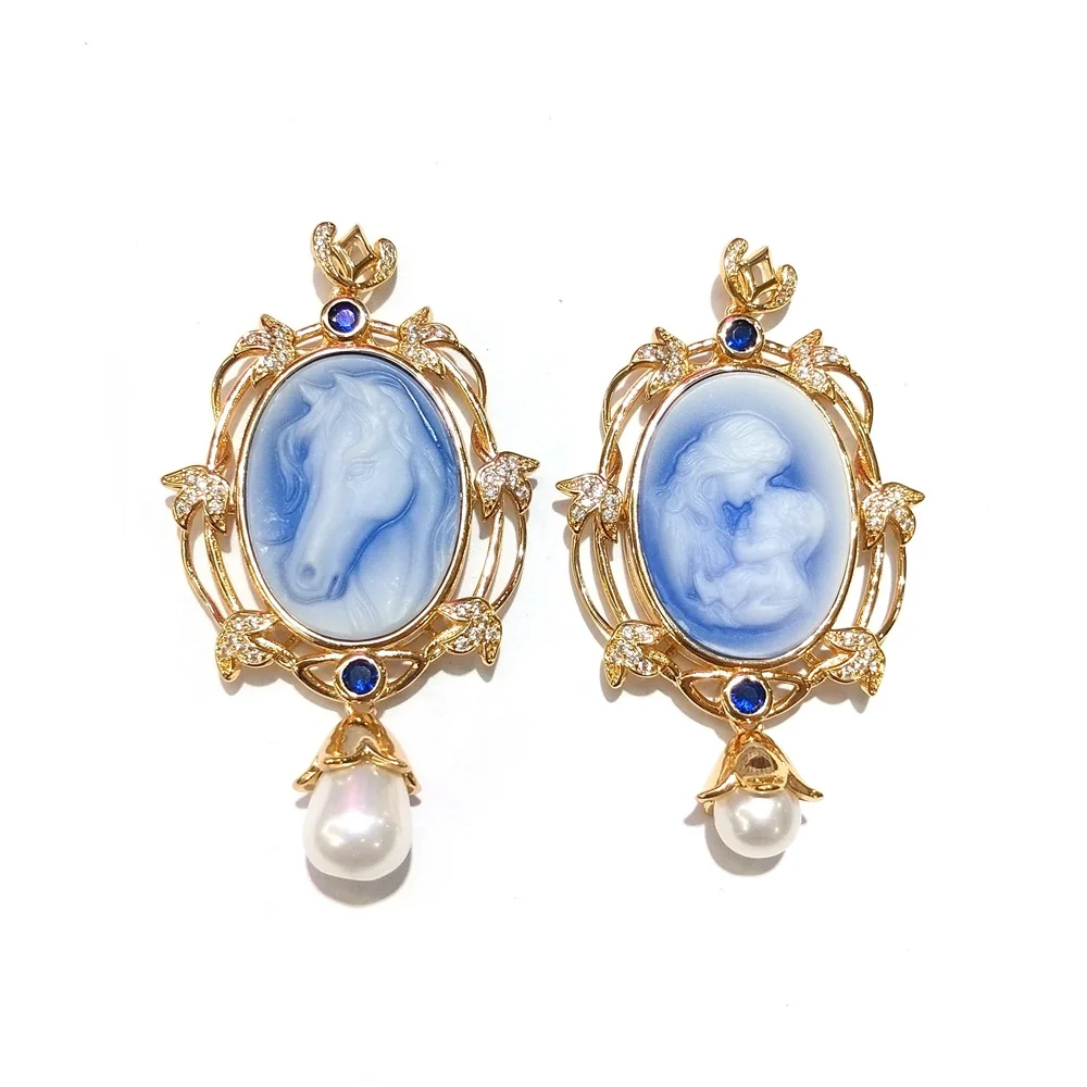 

Wholesale Carved Blue Agate Cameo Cabochon Stone Natural Stone Girls Vintage Pendants for 925 sterling Silver Jewelry, Multi