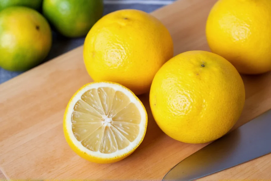 Fresh yuzu citrus fruits on wooden cutting board with chef's knife showing segmented interior