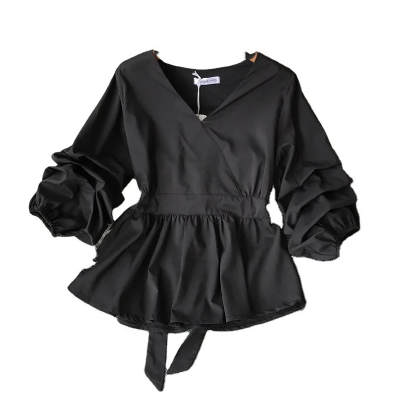 

2021 V-neck three-quarter sleeves waist pleated hem skirt western style shirt trend blouses short Sleeve women clothing, Picture color