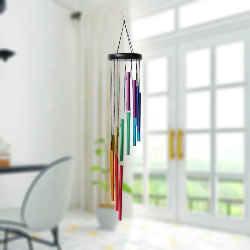 

European style colorful colorful aluminum tube wind chime 14 tube rotating step by step metal beech wood wind chime ornaments