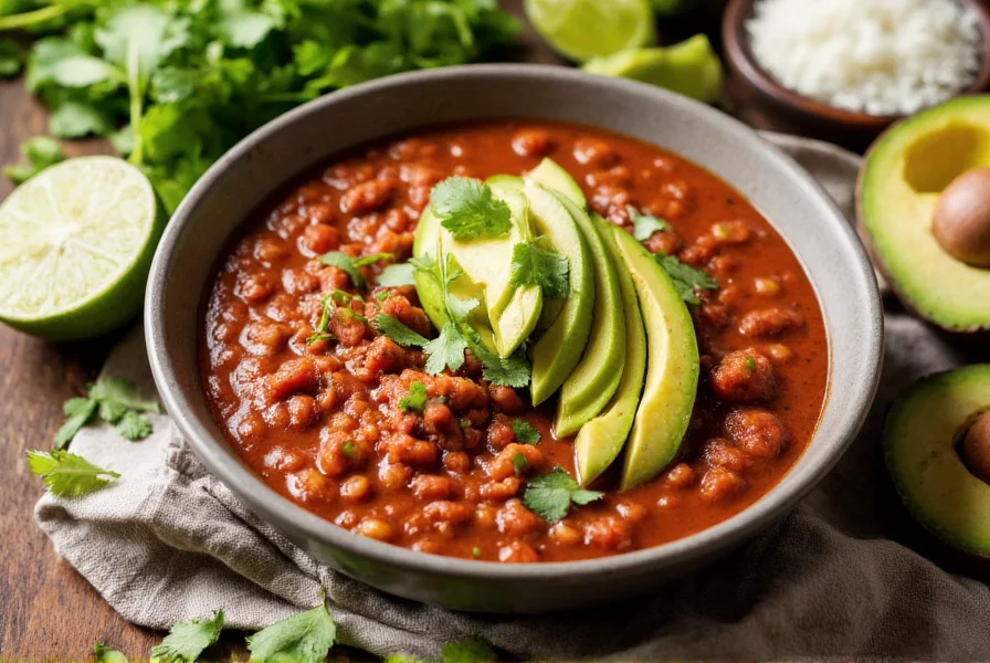 Vegan chili served in bowl with various toppings including avocado, cilantro, and lime