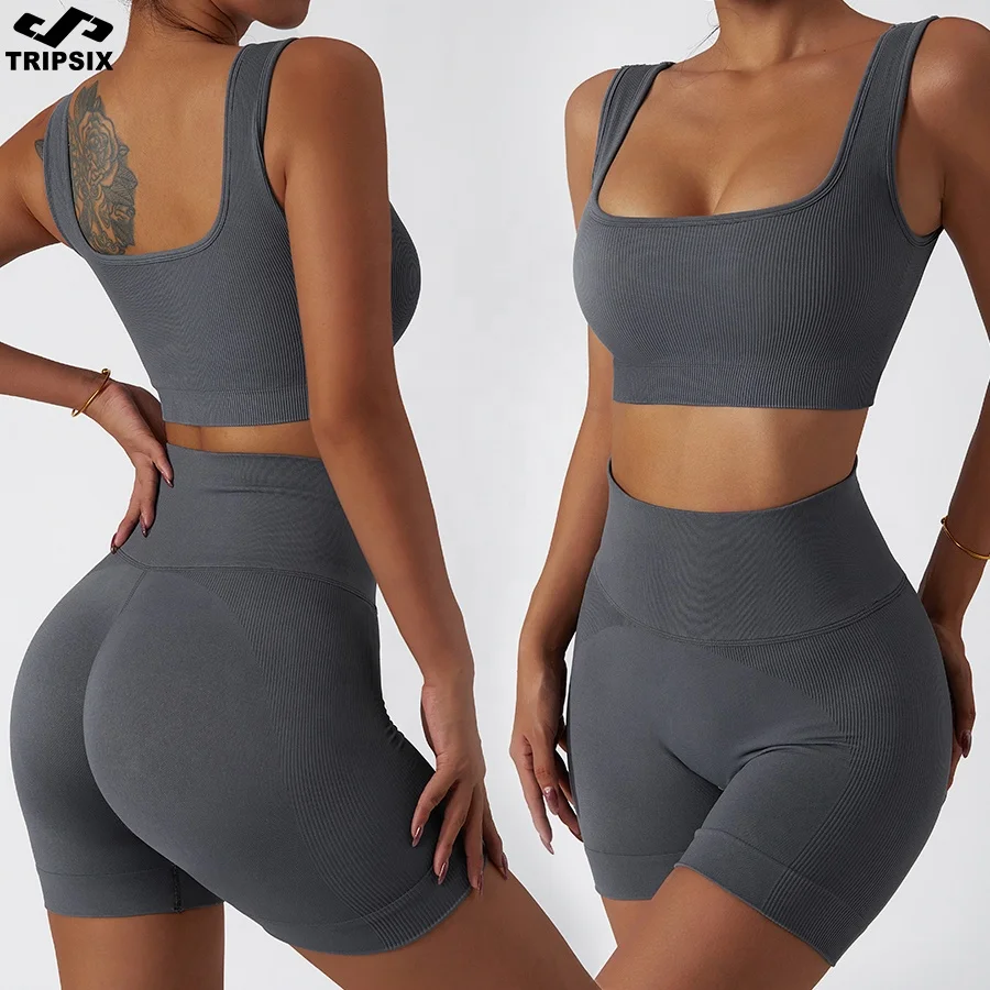 

Two Piece Women Seamless Activewear Gym Outfit Fitted Fitness Yoga Short Summer Set