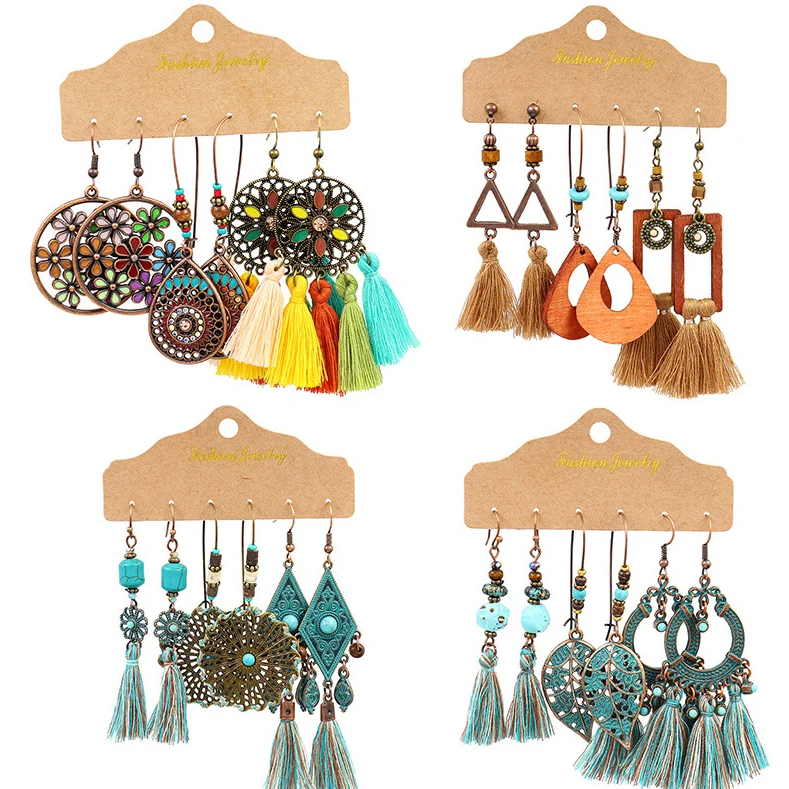 

Ethnic Style Antique Bronze Plated Leaf Flower Shell Pendant Boho Drop Colorful Patina Tassel Women Bohemian Earring Set Jewelry, Color plated as shown