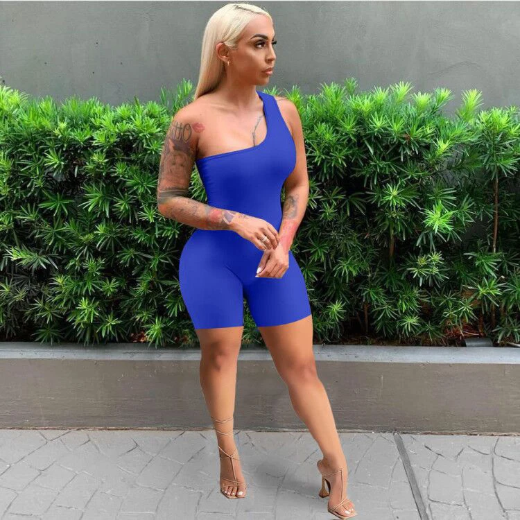 

Trending 2021 Casual Solid Color Bodycon Summer One Shoulder Romper Sleeveless Ladies Lounge Wear Short Jumpsuit Rompers, White,red,gray,black,blue